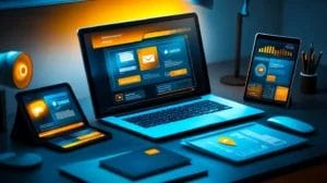 Modern small business workspace with multiple devices showing integrated software tools working together for streamlined operations