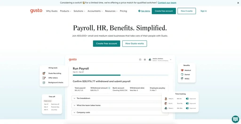 The Gusto homepage features screenshots of its user interface and capabilities