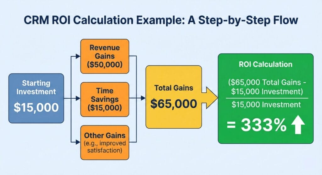 Visual ROI calculation example showing $15,000 CRM investment generating $65,000 in gains for 333% return on investment, with timeline showing ROI realization across 12 months