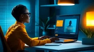 Professional sales rep engaged in a Google Meet video call, demonstrating best practices for video selling with organized preparation visible