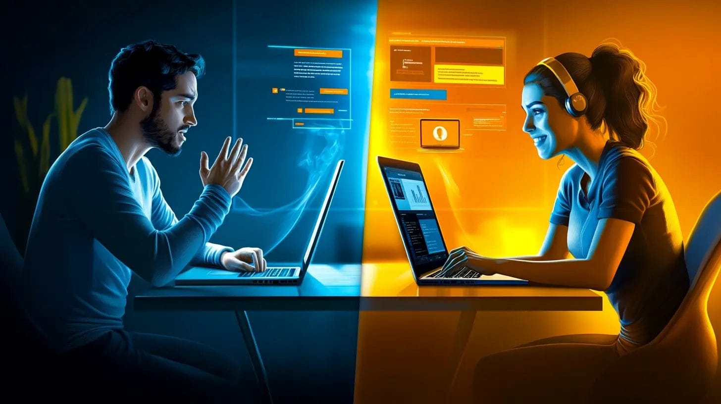 Business professional comparing poor CRM support experience with excellent responsive vendor support