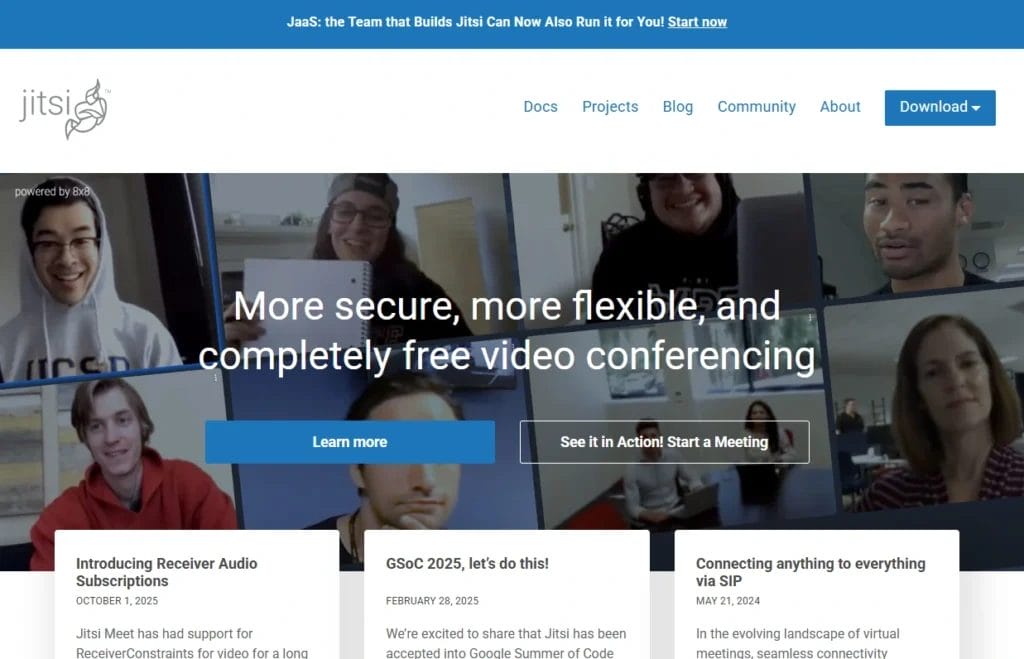 Homepage of free video conferencing platform Jitsi