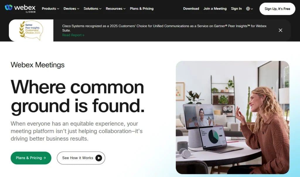 Homepage for Webex Meetings video conferencing software