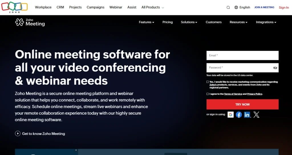 Zoho Meeting online video conferencing software homepage