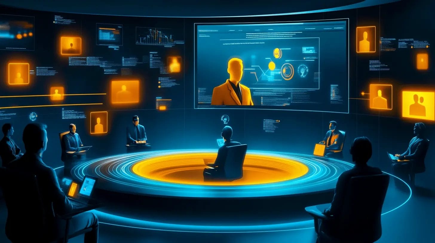 Illustration of connected participants in a video conference meeting, representing remote collaboration and team connectivity